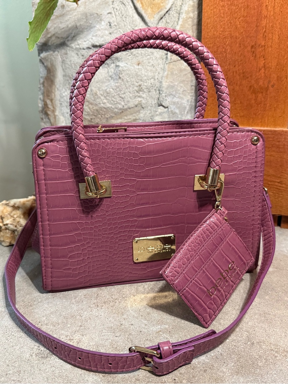 Bebe Mauve Pink Croc-Embossed Purse Hand Bag excellent Condition